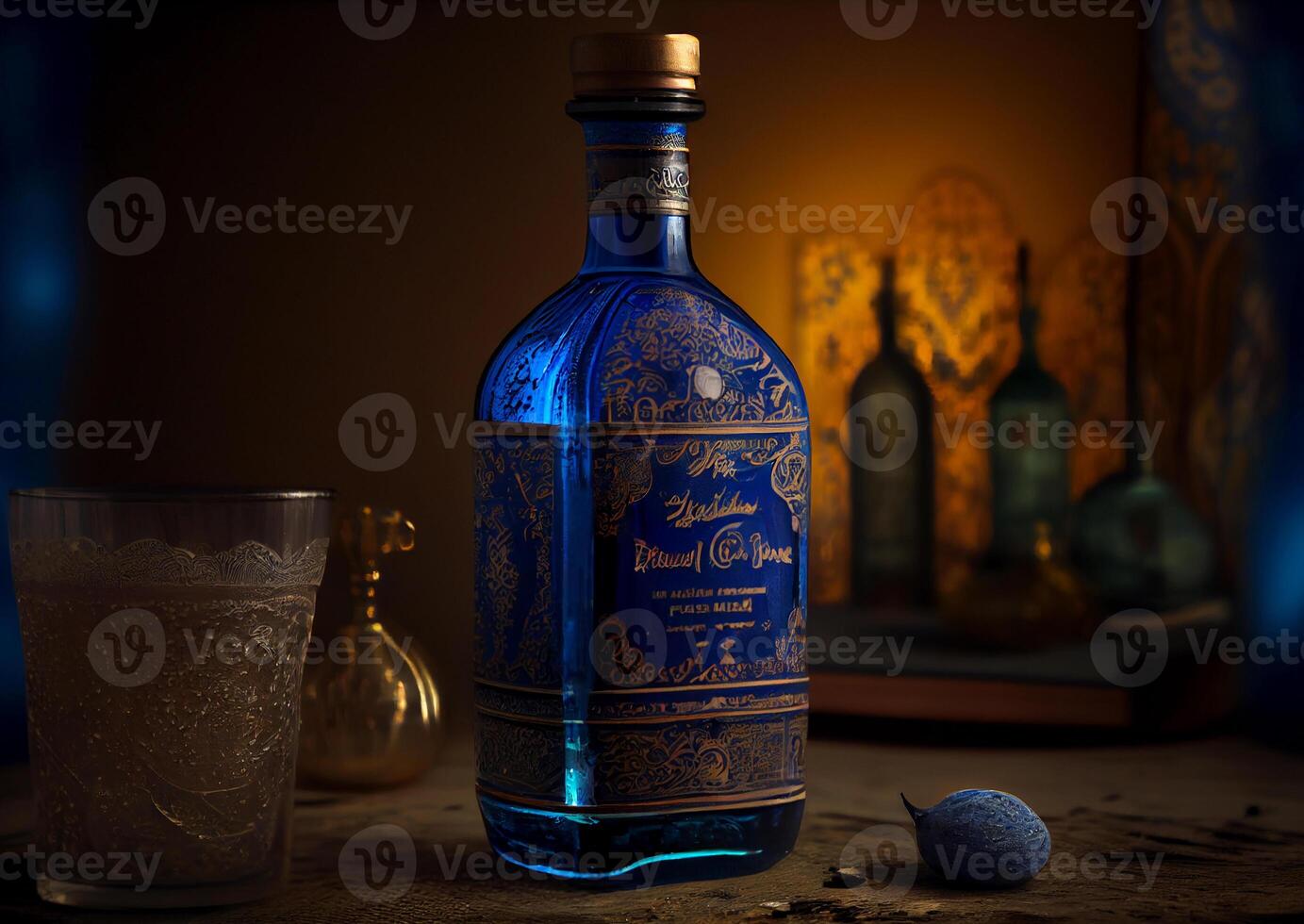 blå flaska av alkohol på de tabell. ai genererad foto