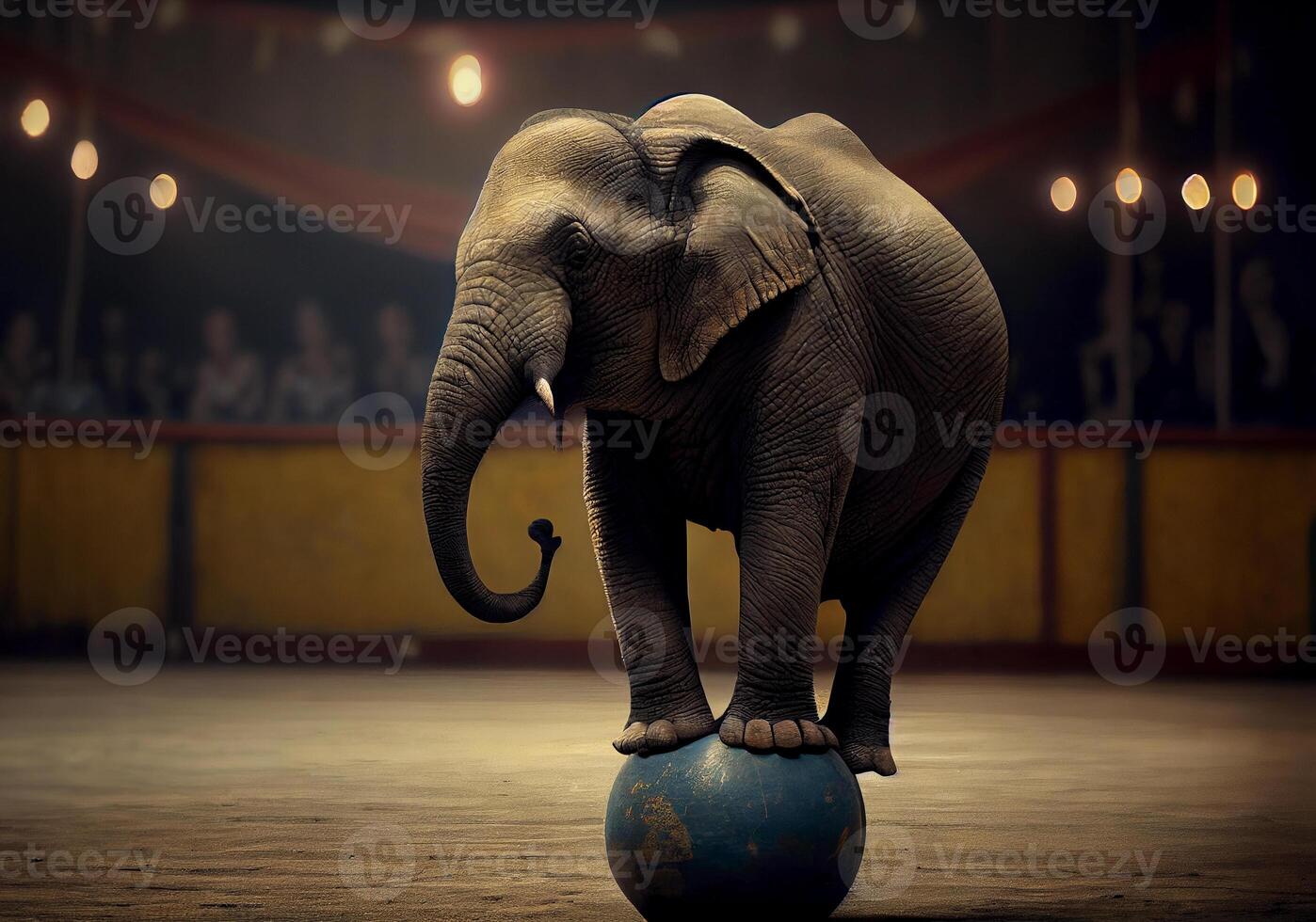 cirkus elefant står på en boll. cirkus lura. ai genererad foto