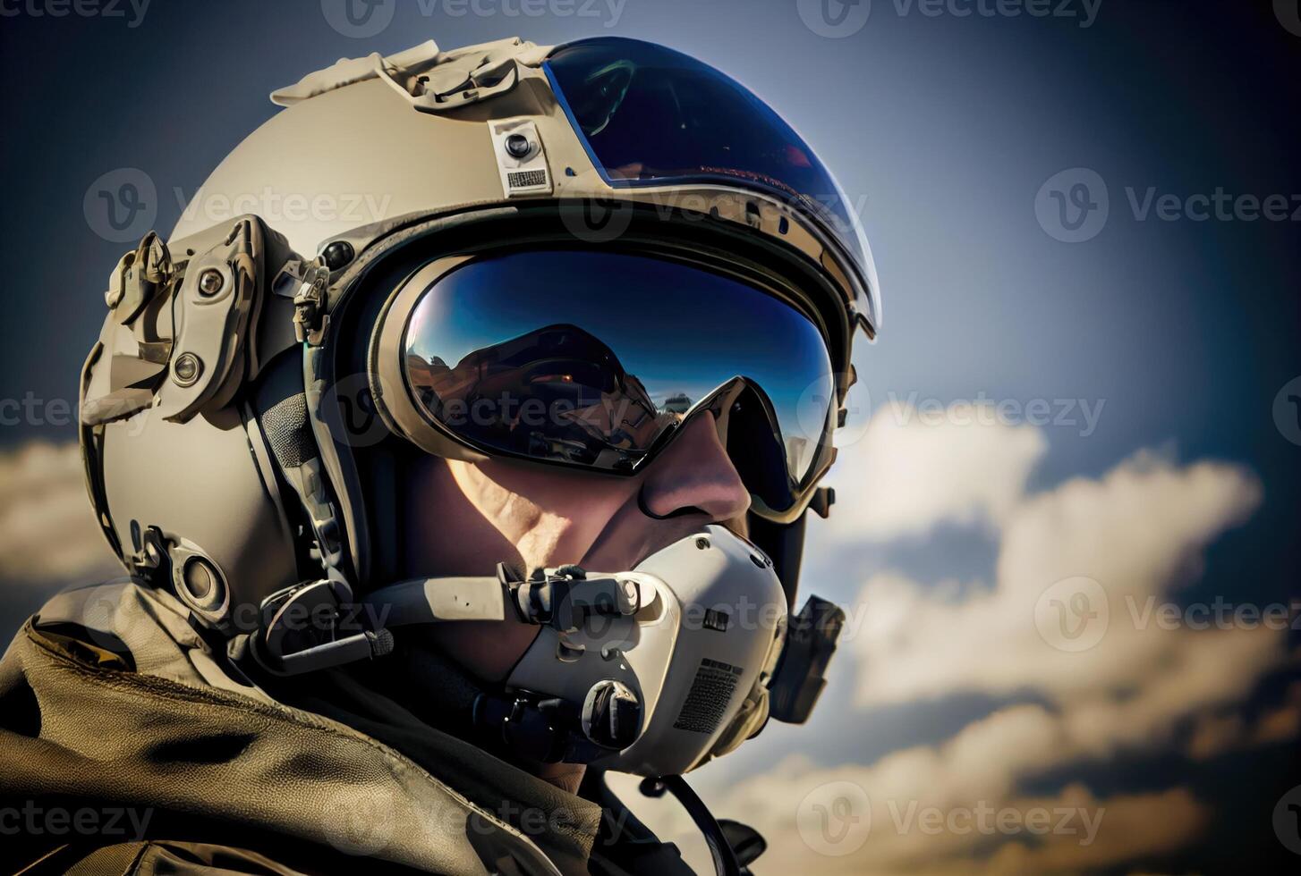 huvud skott av kämpe pilot flygande på de hög himmel i de luftrum för nationell försvar eller värld krig. porträtt av soldat. generativ ai foto
