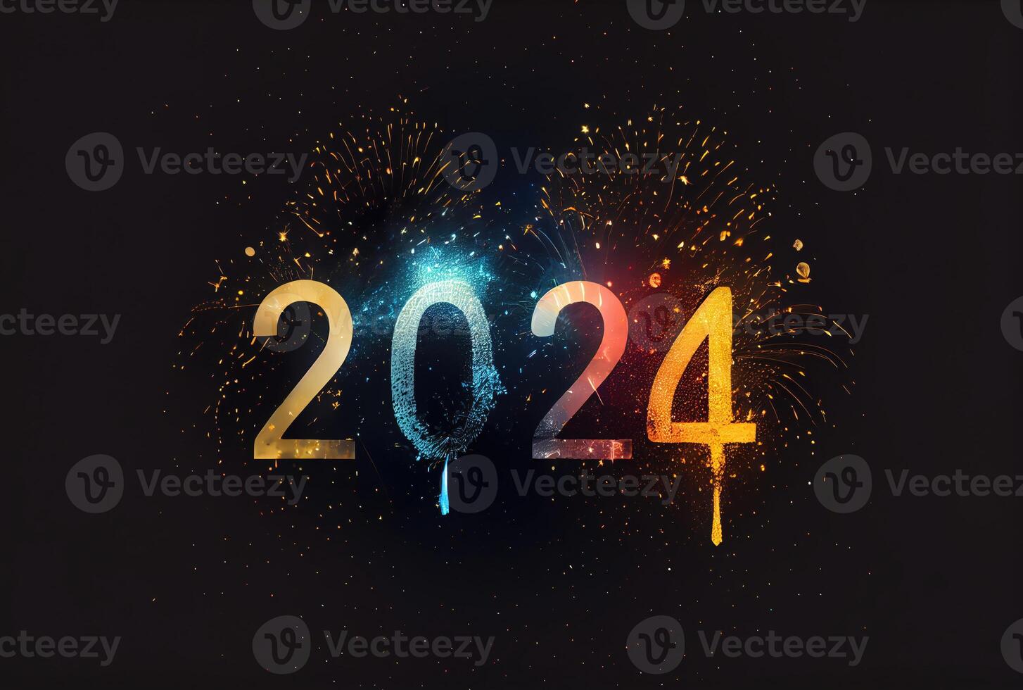 2024 ny år firande med färgrik fyrverkeri på mörk bakgrund. Lycklig ny år de år av drake och hälsning kort begrepp. generativ ai foto