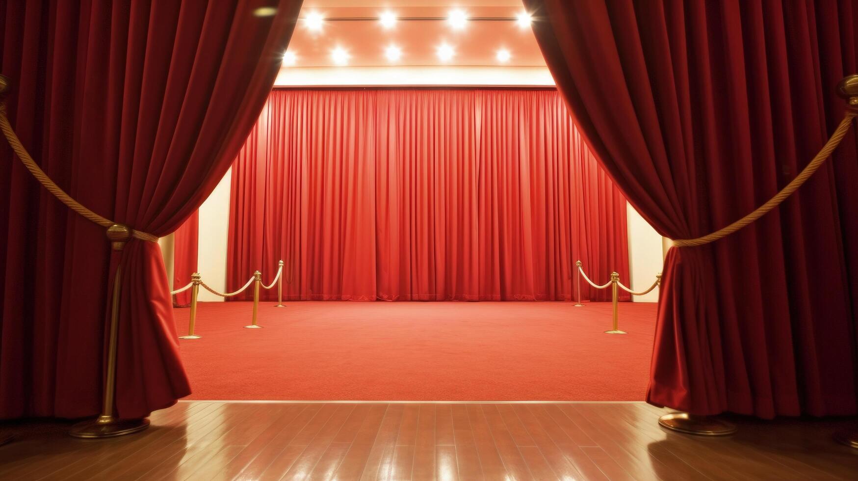 röd matta, rep hinder och fläck lampor Bakom gardiner inomhus illustration ai generativ foto