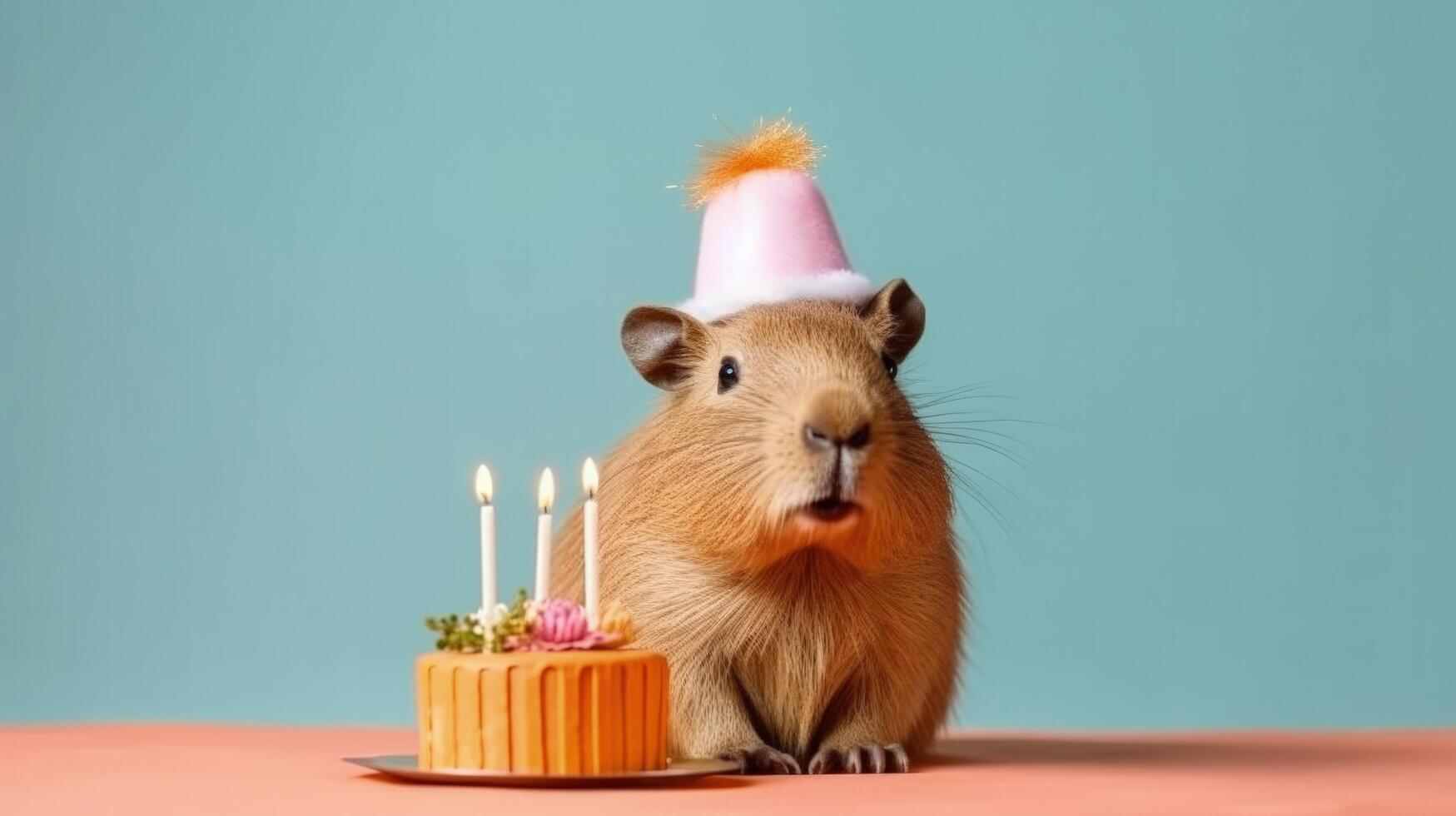 söt fluffig capybara i födelsedag keps med födelsedag kaka illustration ai generativ foto