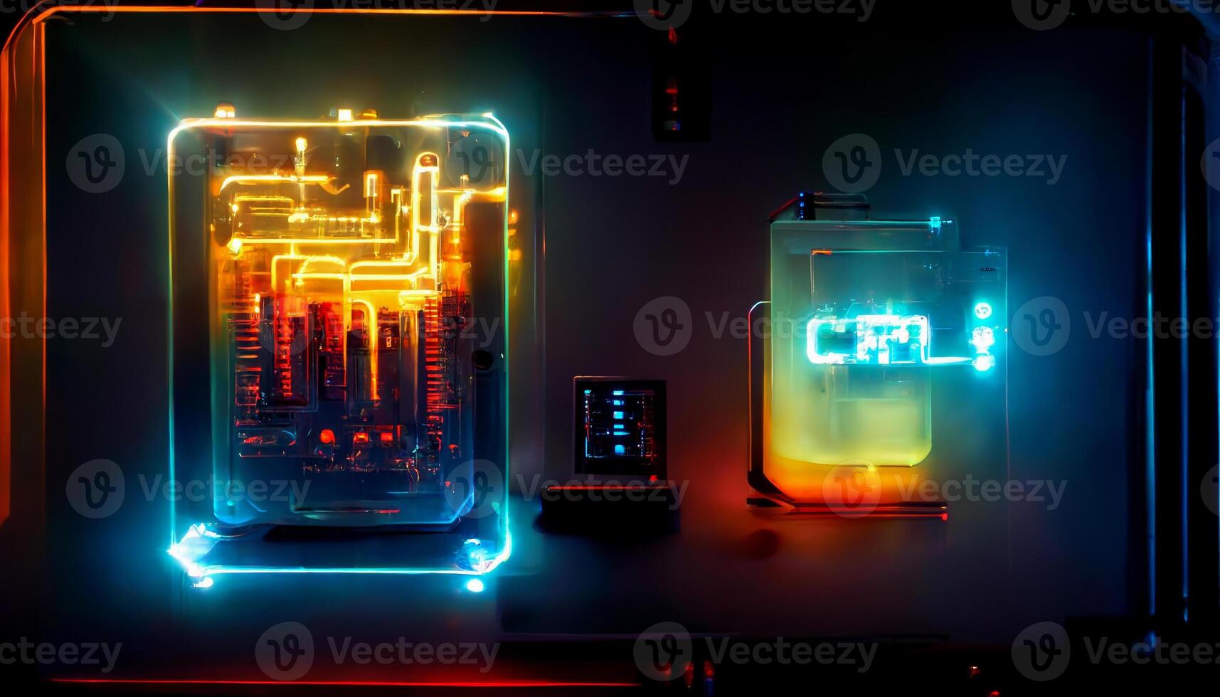 elektrisk lysande belysning neon krets på cpu moderkort bakgrund. teknologi och abstrakt begrepp. generativ ai foto