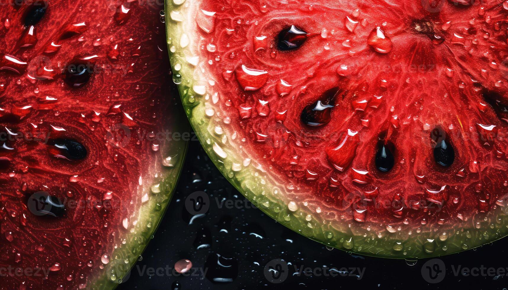 stänga upp av rena skära vattenmelon med vatten släppa i mörk svart bakgrund. färsk frukt och vegetabiliska begrepp. näring och vitamin tema. generativ ai foto