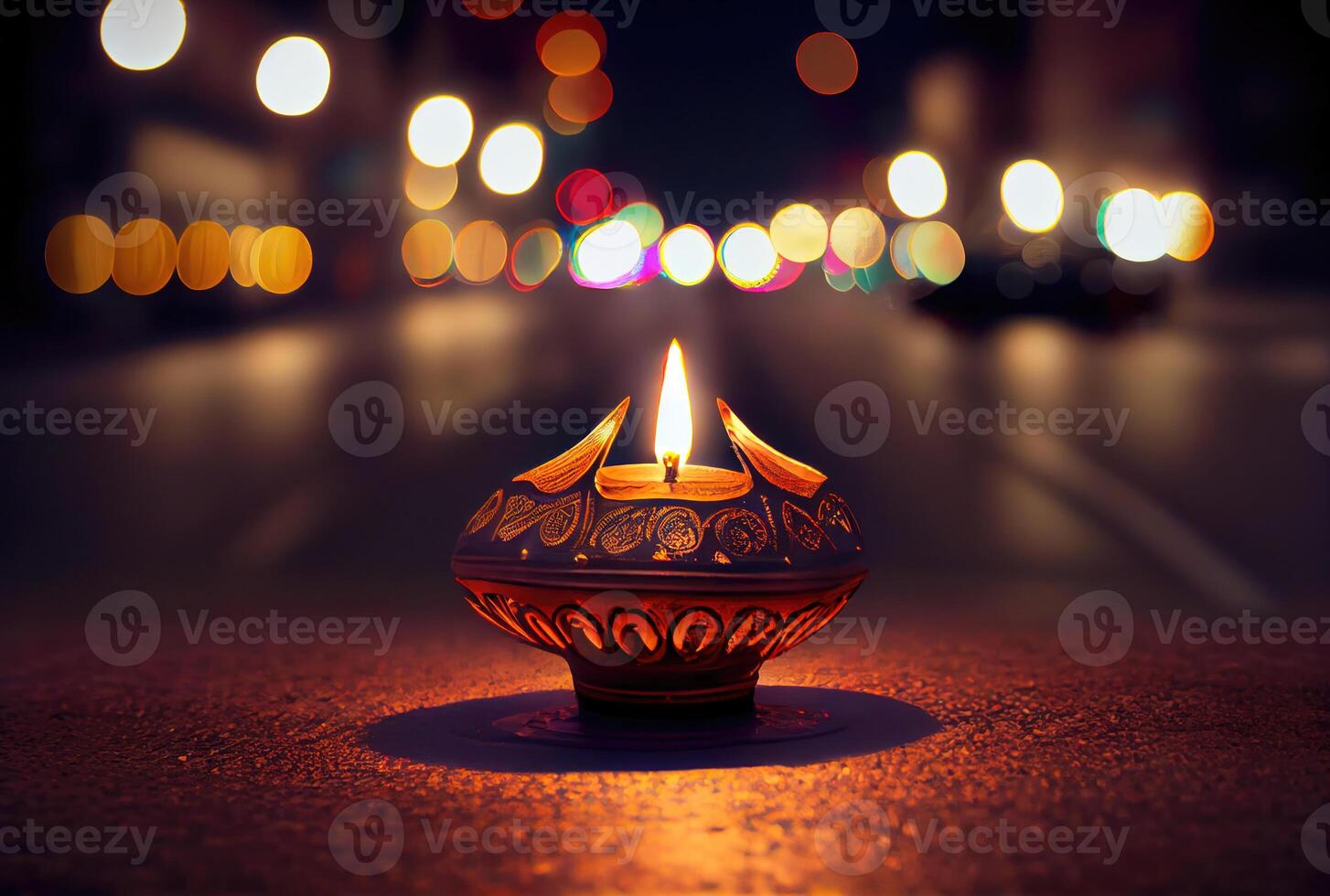 diya lampa med bokeh ljus på de stadens centrum gata i diwali festival. generativ ai foto