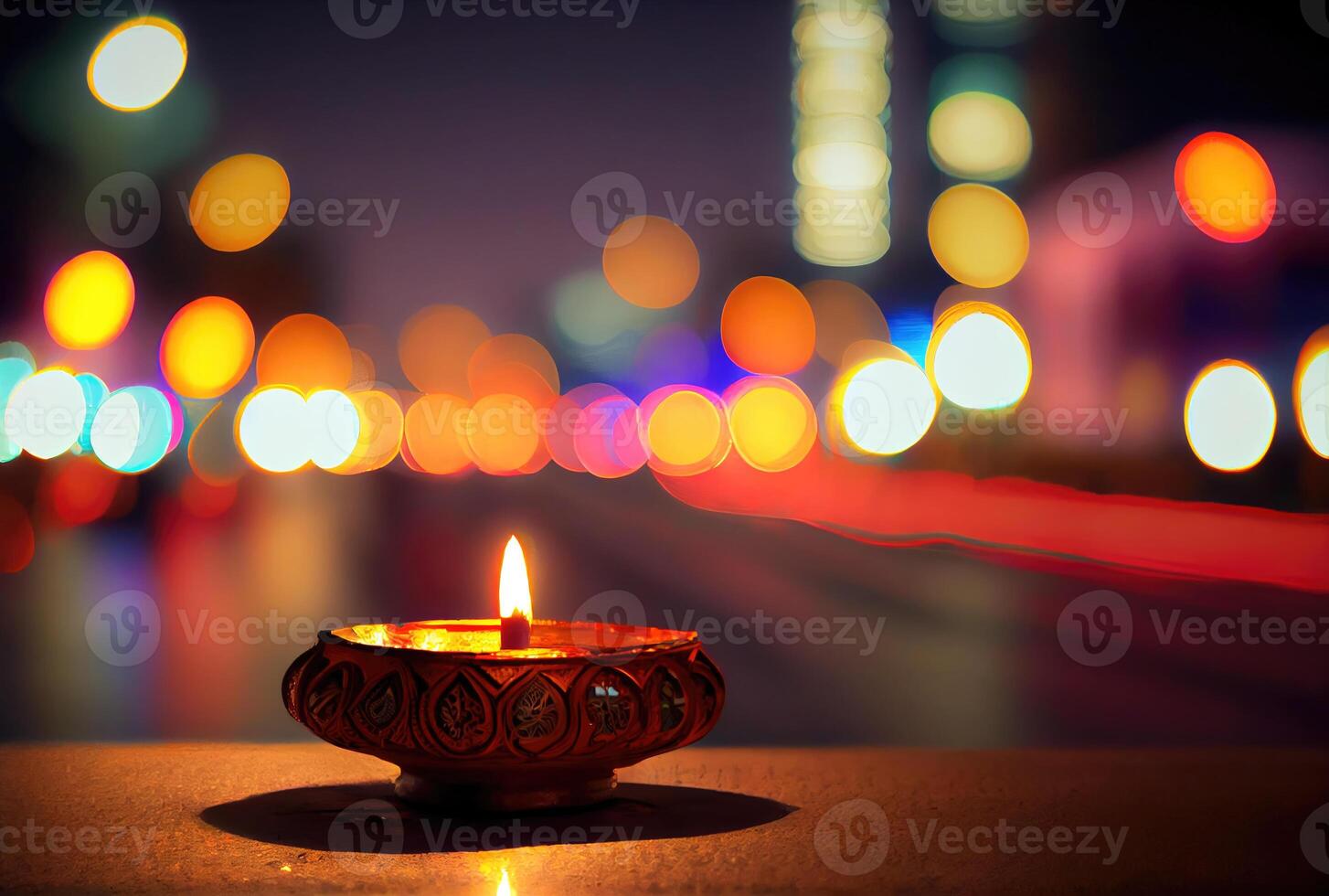 diya lampa med bokeh ljus på de stadens centrum gata i diwali festival. generativ ai foto