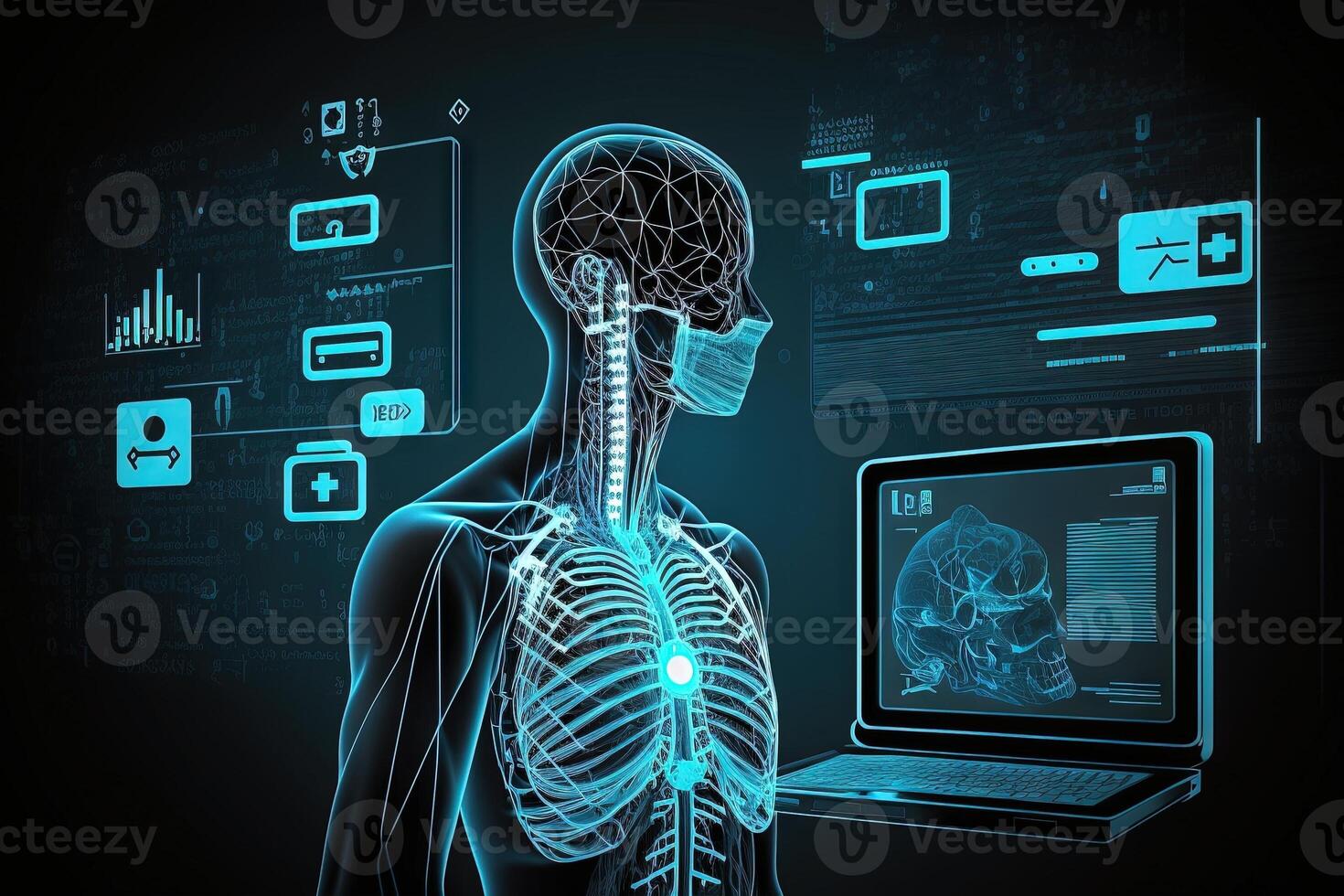 medicin medicinsk teknologi och trogen begrepp en läkare rörande elektronisk medicinsk spela in på virtuell skärm, hjärna analys, dna illustration generativ ai foto