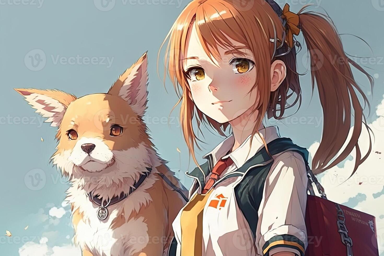 Söt anime skola flicka med en hund ser på du illustration generativ ai foto