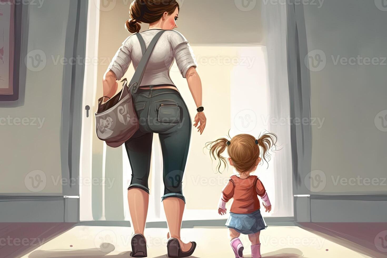 se från de tillbaka av mor portion henne barn till promenad illustration generativ ai foto