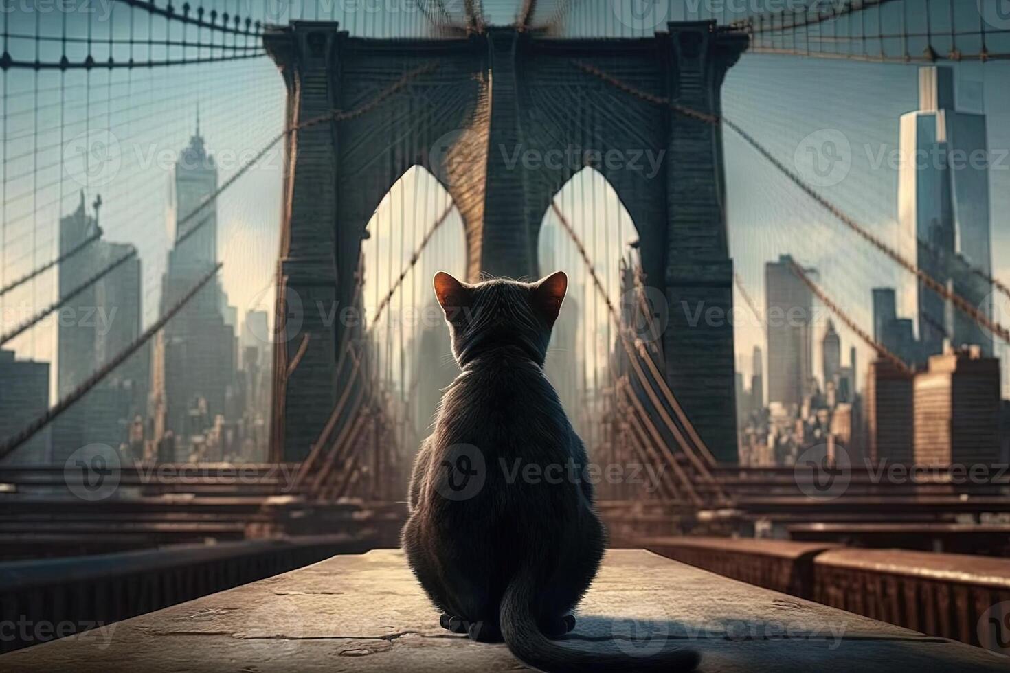 se från de tillbaka av katt på brooklyn bro illustration generativ ai foto