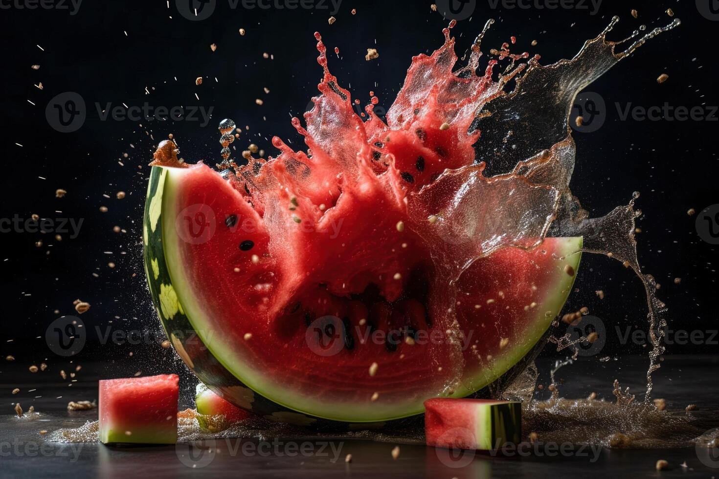 vattenmelon explosion på svart bakgrund illustration generativ ai foto