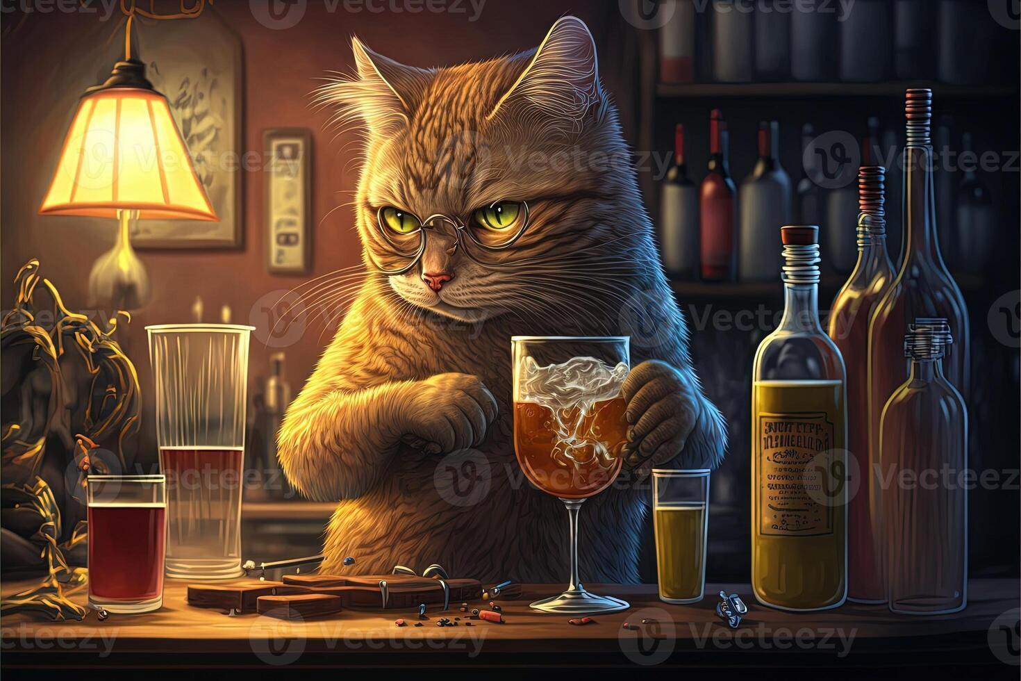 katt bartender blandning drycker i en bar illustration generativ ai foto