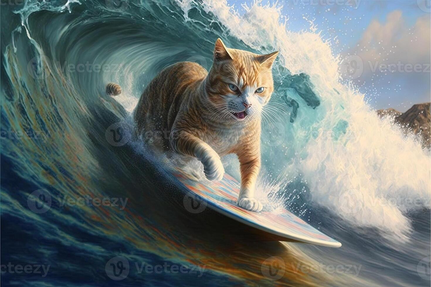 katt surfing i hawaii tycka om en proffs kirurg illustration generativ ai foto