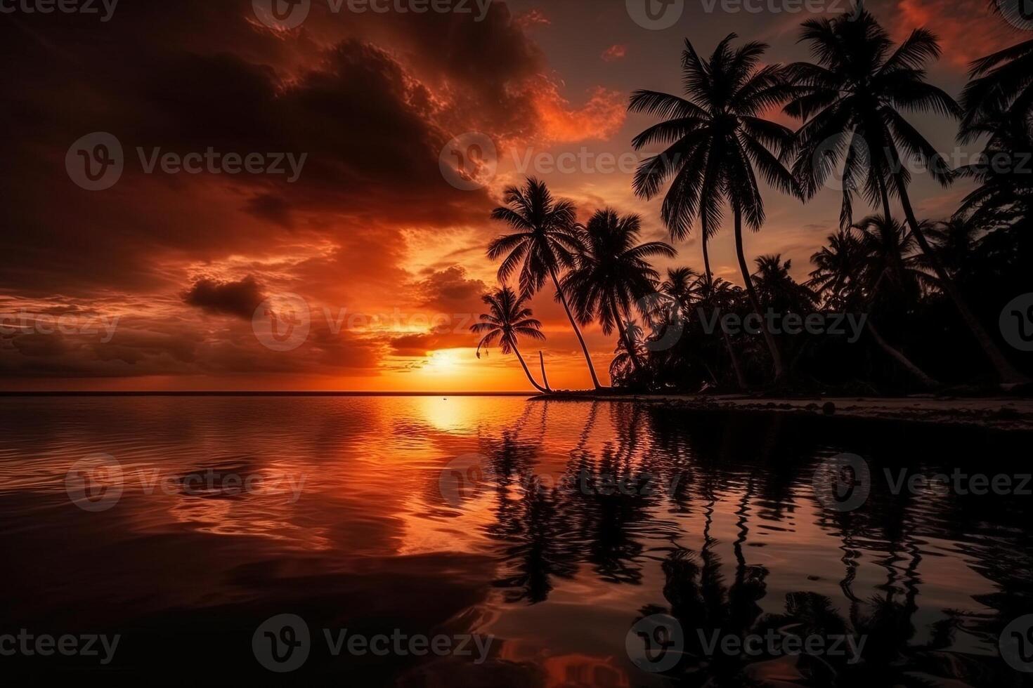 kokos handflatan dramatisk tropisk strand solnedgång med hav reflexion illustration generativ ai foto