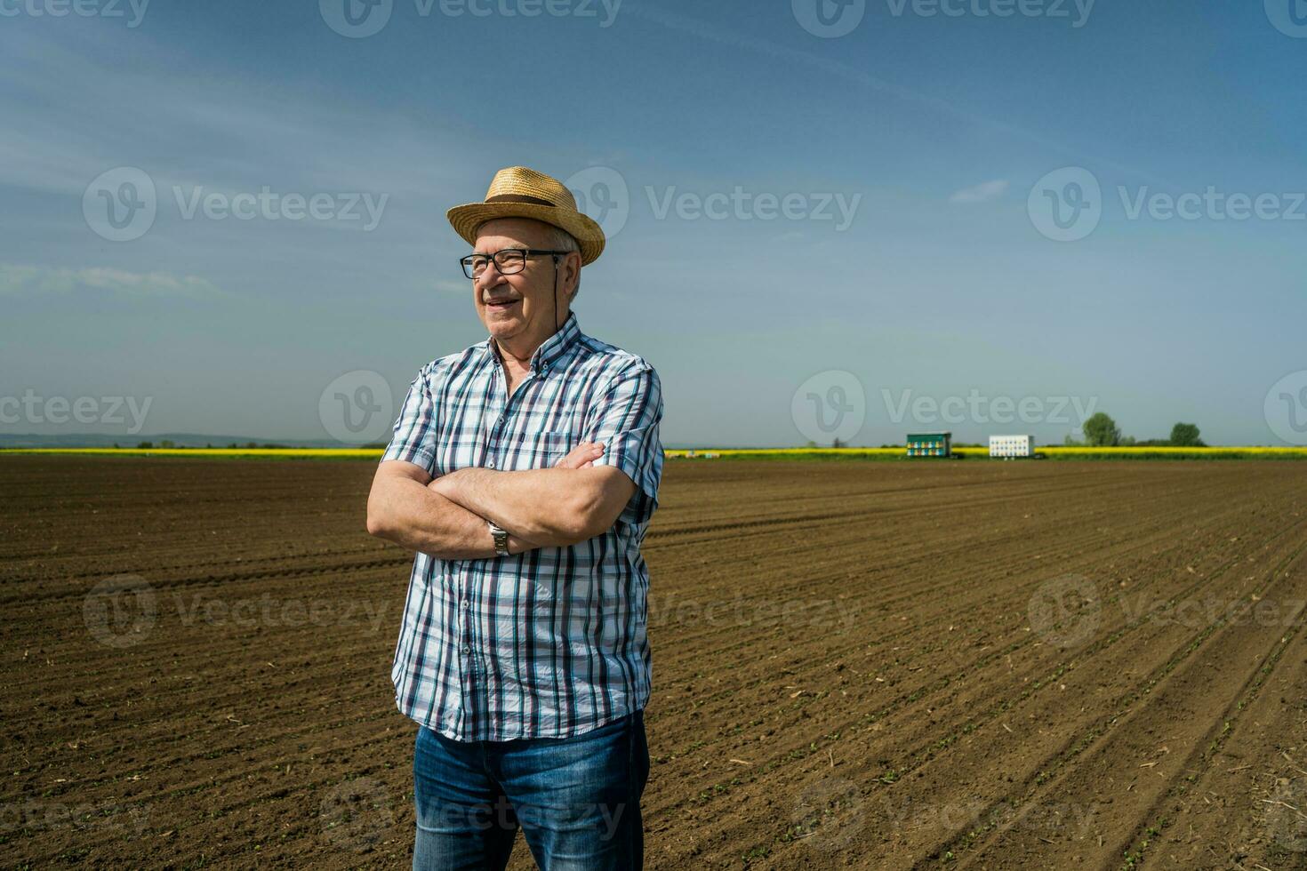 en senior jordbrukare stående i hans egen majs fält foto