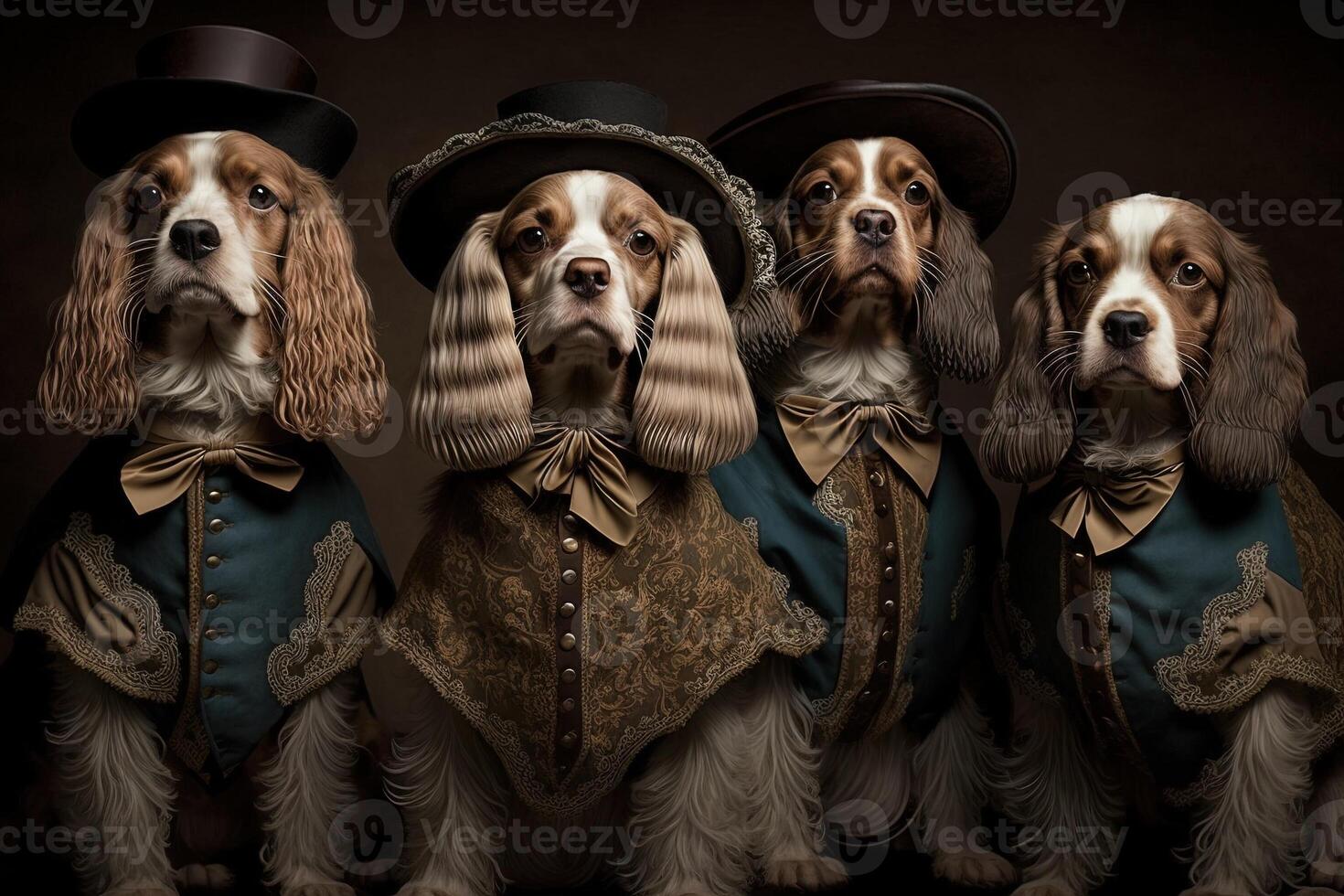 cockerspaniel spaniel hundar som djur klädd i victorian epok Kläder illustration generativ ai foto