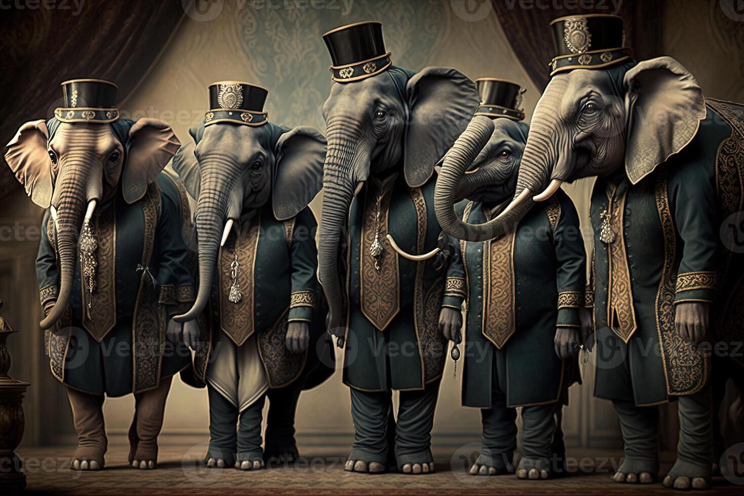 elefanter djur klädd i victorian epok Kläder illustration generativ ai foto