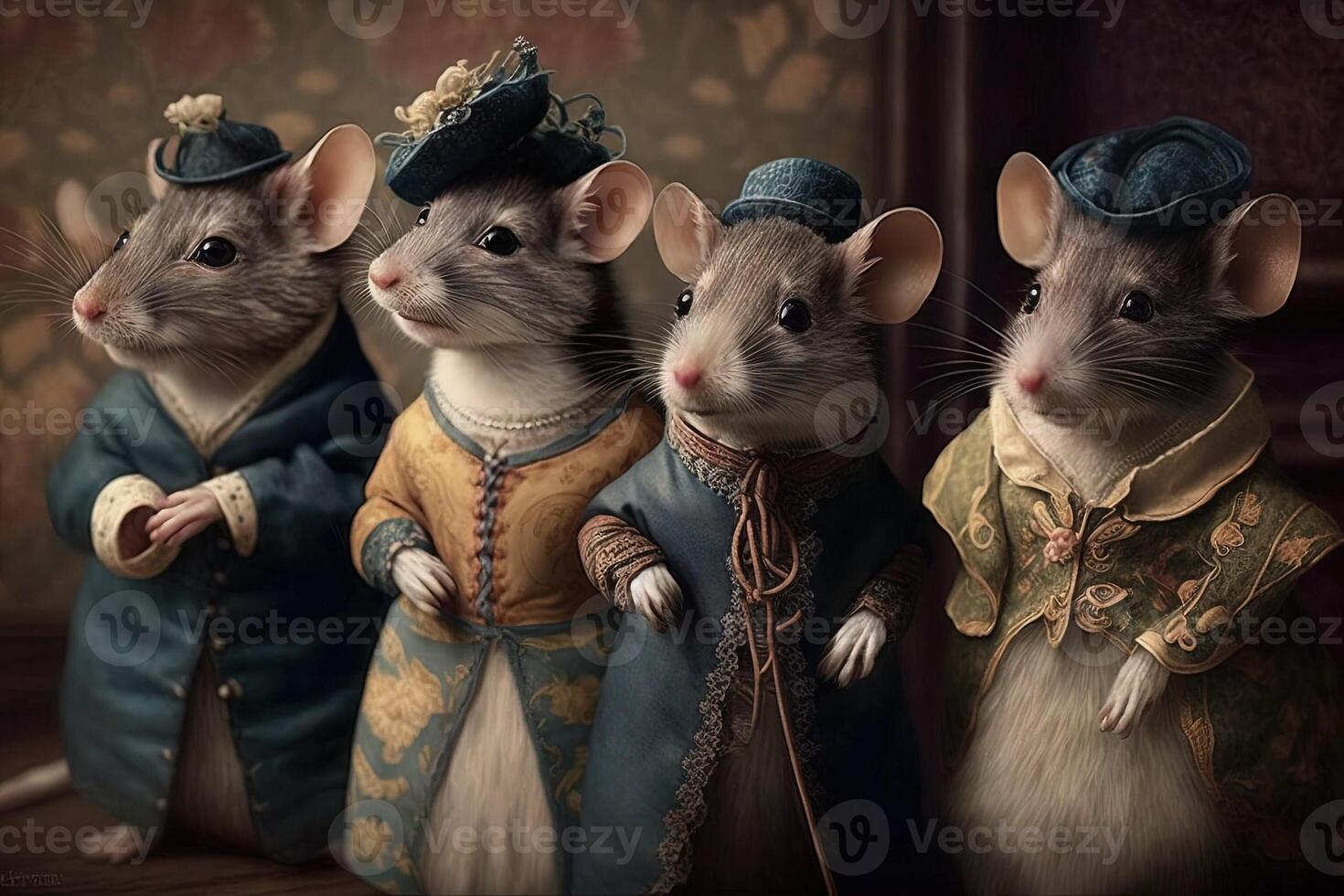 grupp av mus djur klädd i victorian epok Kläder illustration generativ ai foto