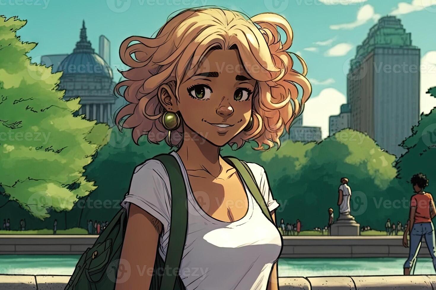 skön anime manga flicka i ny york stad central parkera illustration generativ ai foto