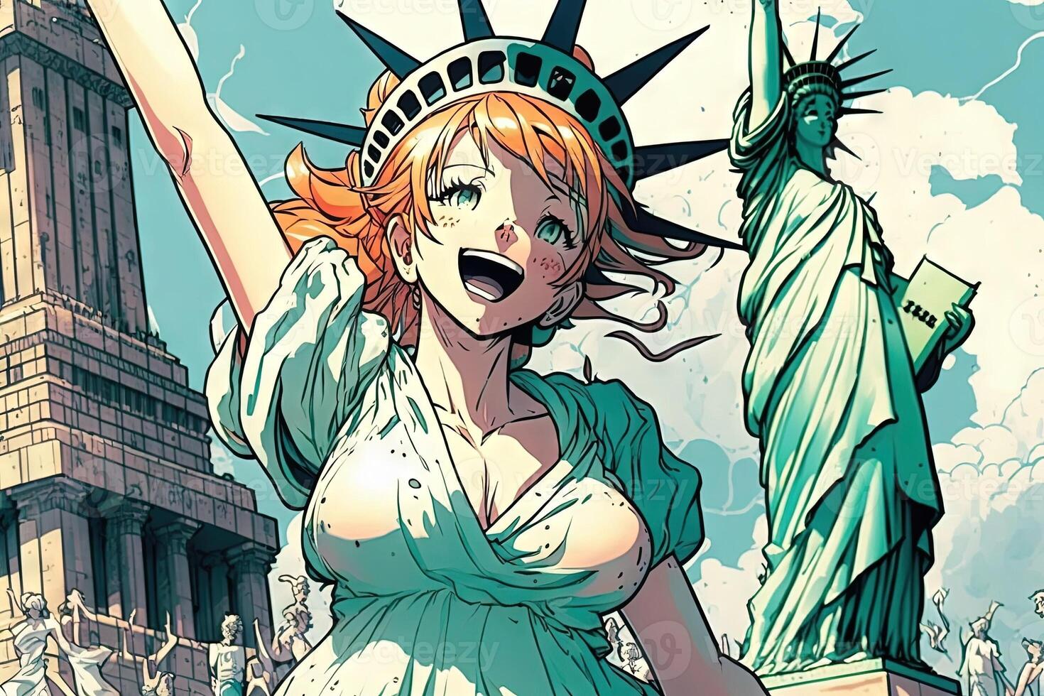 skön anime manga flicka i ny york stad staty av frihet illustration generativ ai foto