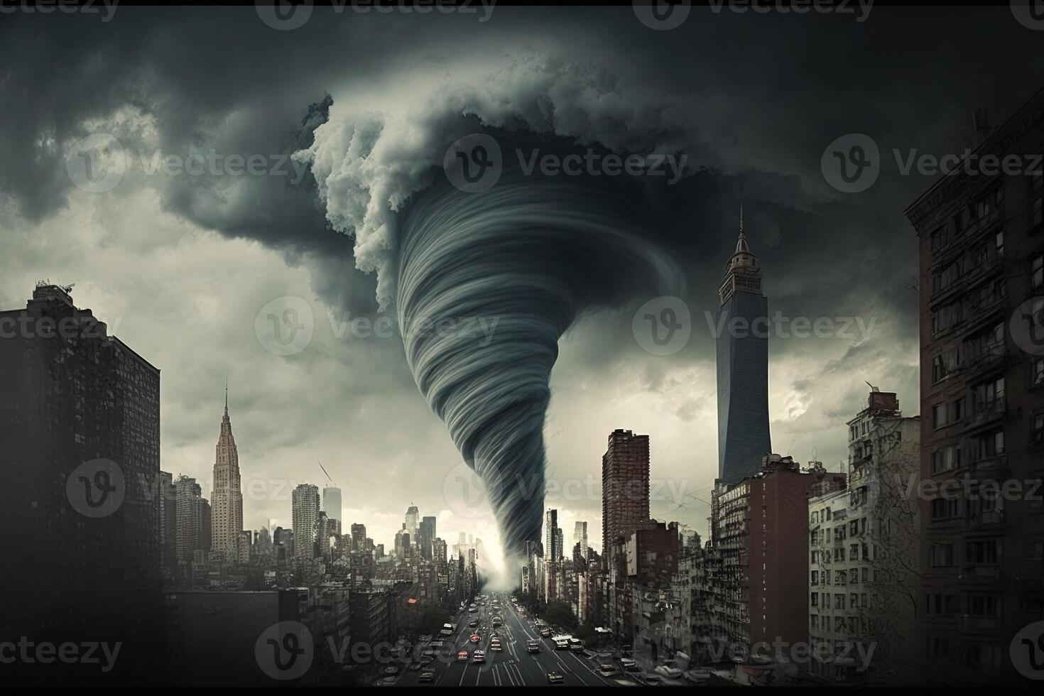 ny york stad USA virvlande tornado förstöra byggnader orkan fara vind vattenpip fixare storm naturlig katastrof illustration generativ ai foto