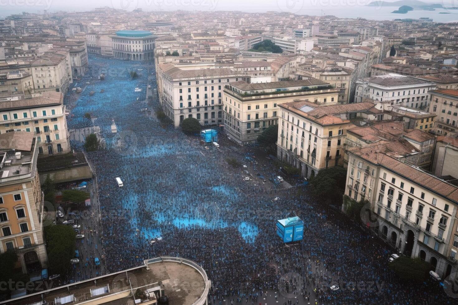 antenn se av napoli stad efter vinnande mästerskapsfotboll fotboll klubb, scudetto fira team, fläktar folkmassan av supportrar illustration generativ ai foto