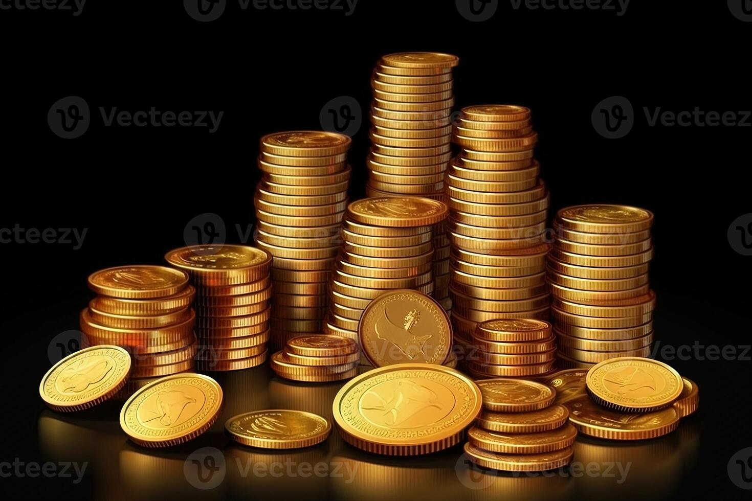 uppsättning av realistisk gyllene mynt lugg. annorlunda stackar av guld pengar, kontanter eller skatt. Bank och finansiera. investering, svart bakgrund illustration generativ ai foto