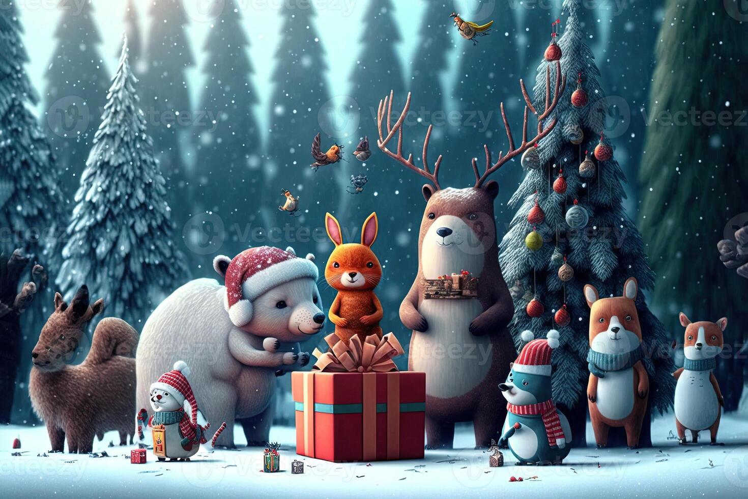 djur av de skog fira jul runt om jul träd med många gåva, de skog är kall och snöig, generativ ai foto