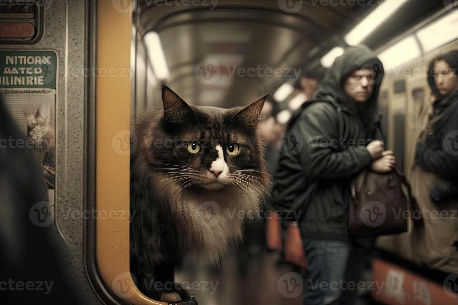katt djur- på ny york stad tunnelbana underjordisk metro tåg illustration generativ ai foto