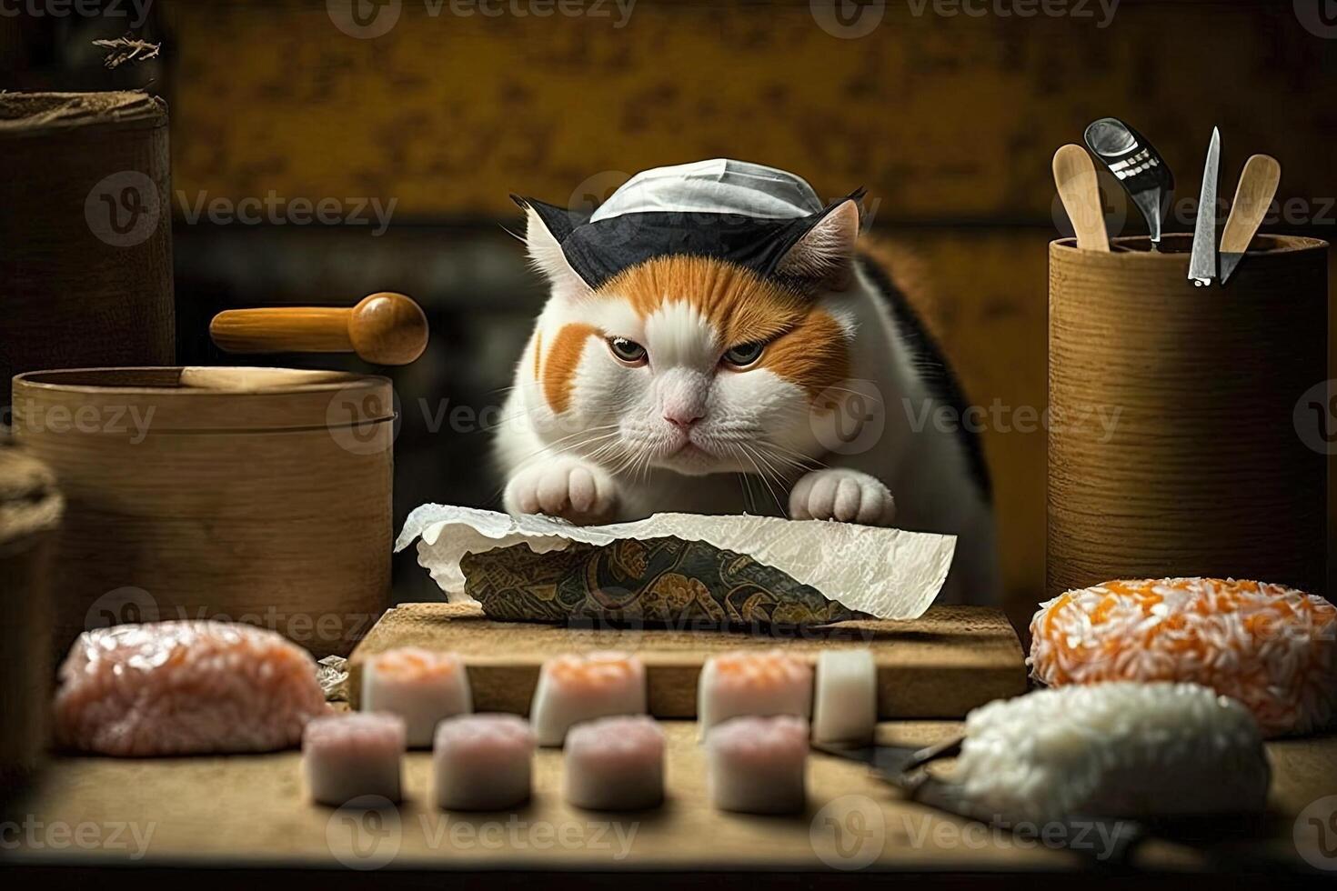 katt kock förbereder rullar och sushi. illustration generativ ai foto