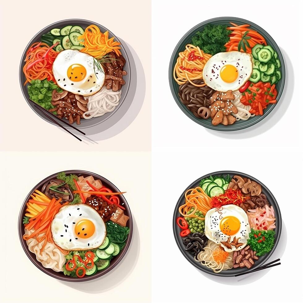 bibimbap är vit ris med sida maträtter av grönsaker, nötkött, ägg och gochujang kryddad sås. ai genererad. foto