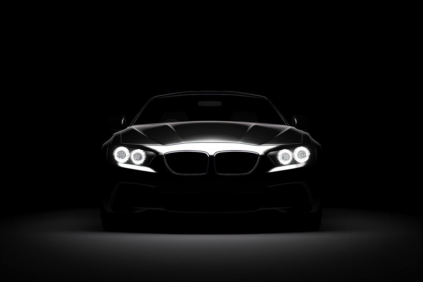 främre se mörk silhuett av en modern lyx svart bil isolerat på svart bakgrund. ai genererad foto