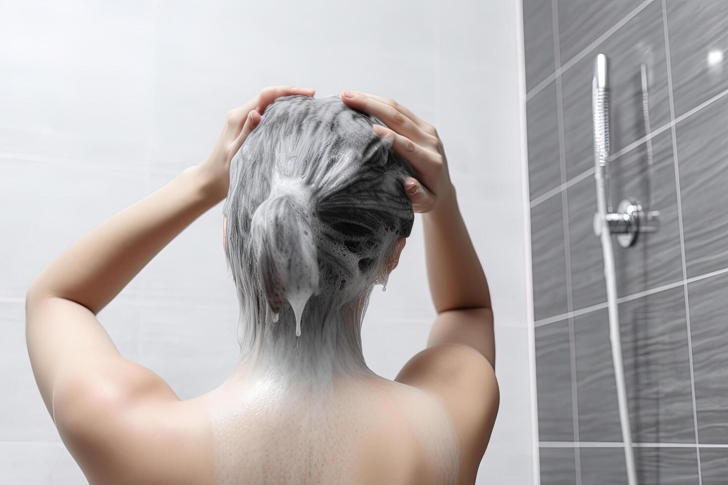 kvinna tvättning hår med schampo och dusch i de badrum. ai genererad foto