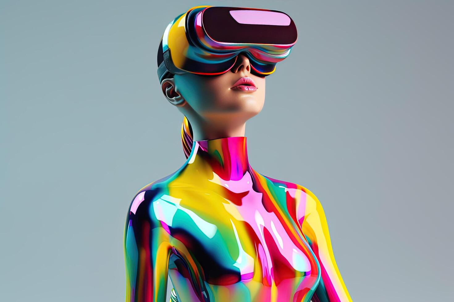krom färgrik kvinna bär en virtuell verklighet headset. ai genererad foto