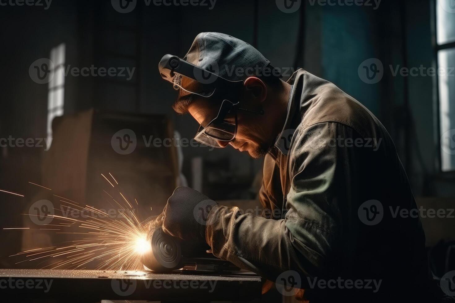 arbetstagare framställning elektrisk slipning hjul på stål strukturera i fabrik metall bearbetning med ett vinkel kvarn gnistor i metall. generativ ai foto