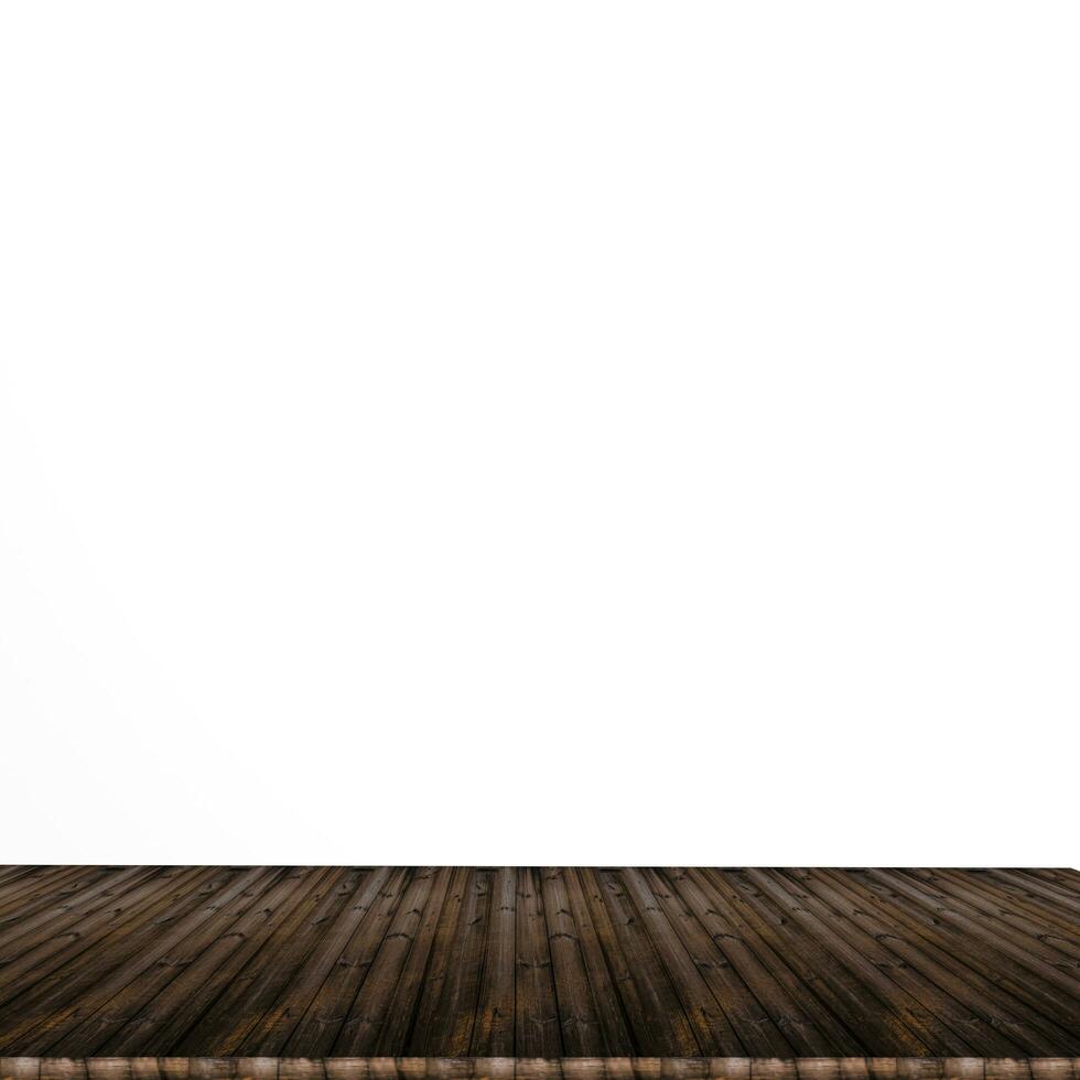 en trä tabell topp på vit bakgrund för produkt visa, brun trä upptåg för visa själv begrepp design foto