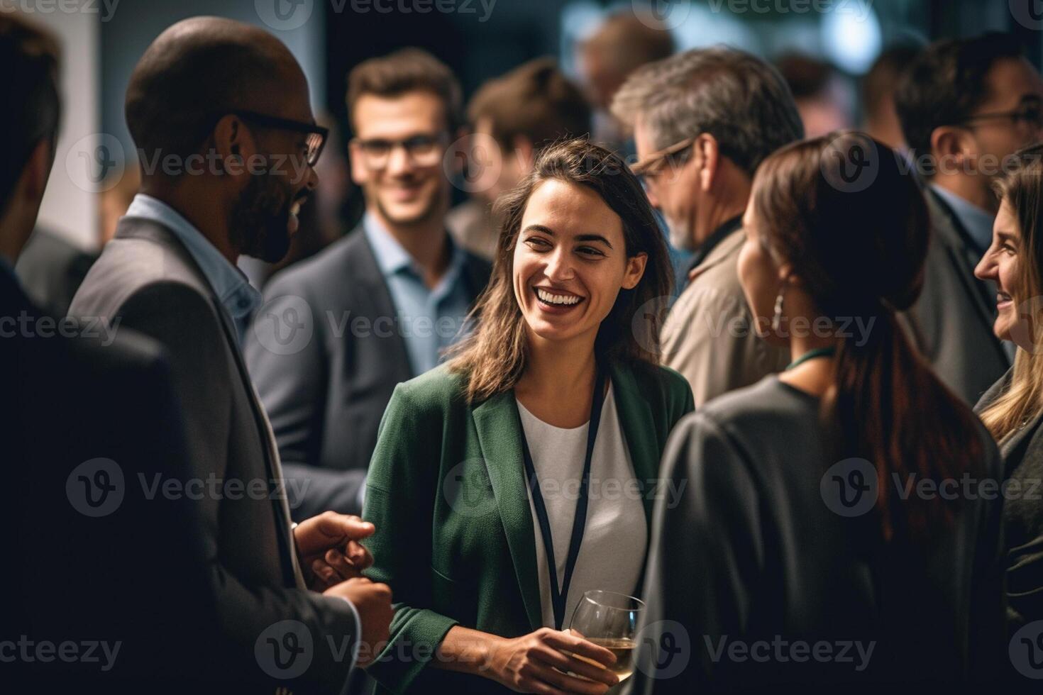 Lycklig människor talande till annorlunda människor på ett händelse i ljus färger konferens rum med generativ ai foto