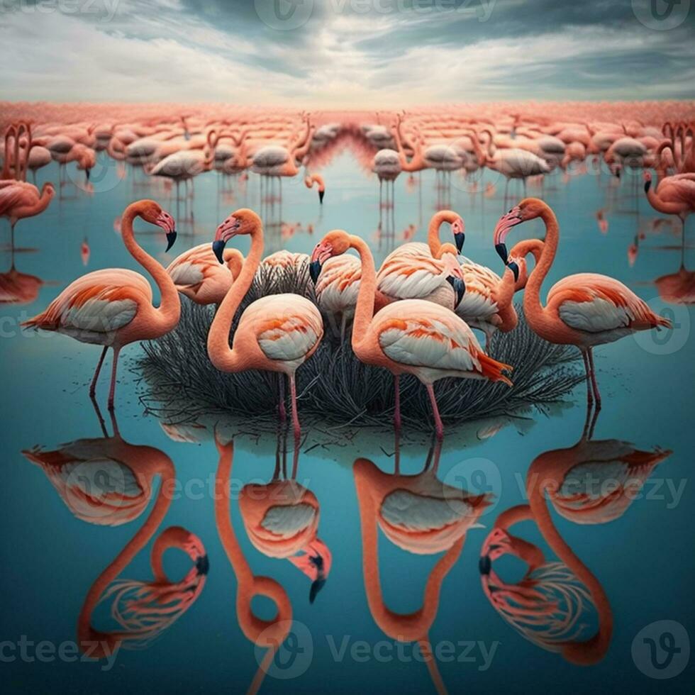 en grupp av flamingos plask i en grund sjö. ai foto