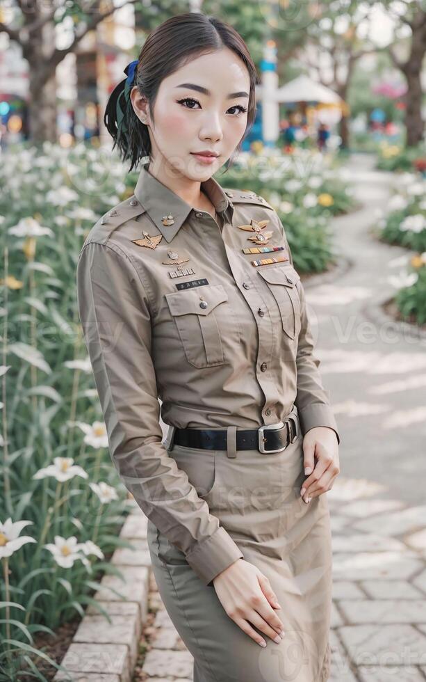 skön asiatisk thailand polis kvinna på gata, generativ ai foto