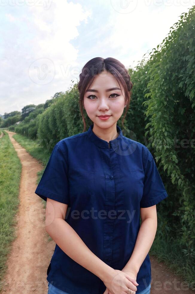 skön kvinna bär traditionell thai blå skjorta med kort ärmar morhom, generativ ai foto