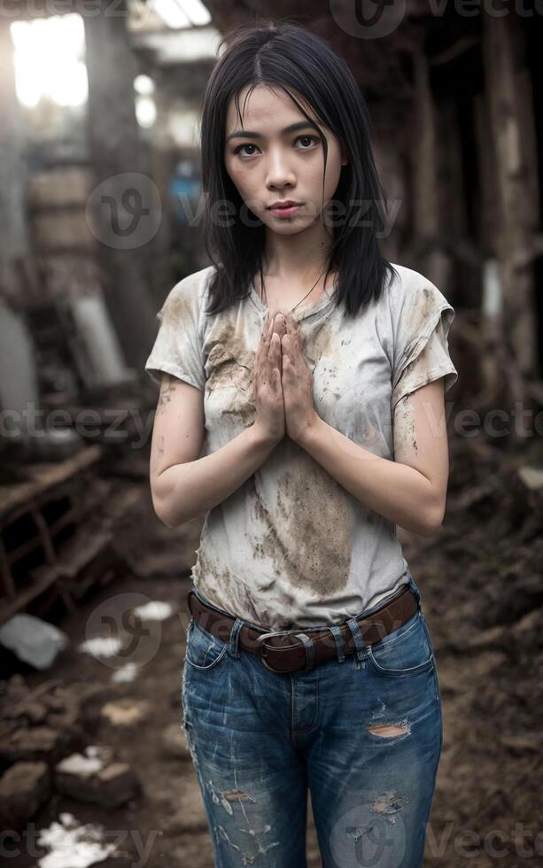 fattig asiatisk kvinna sawasdee höjer händer tillsammans i en bön utgör , generativ ai foto