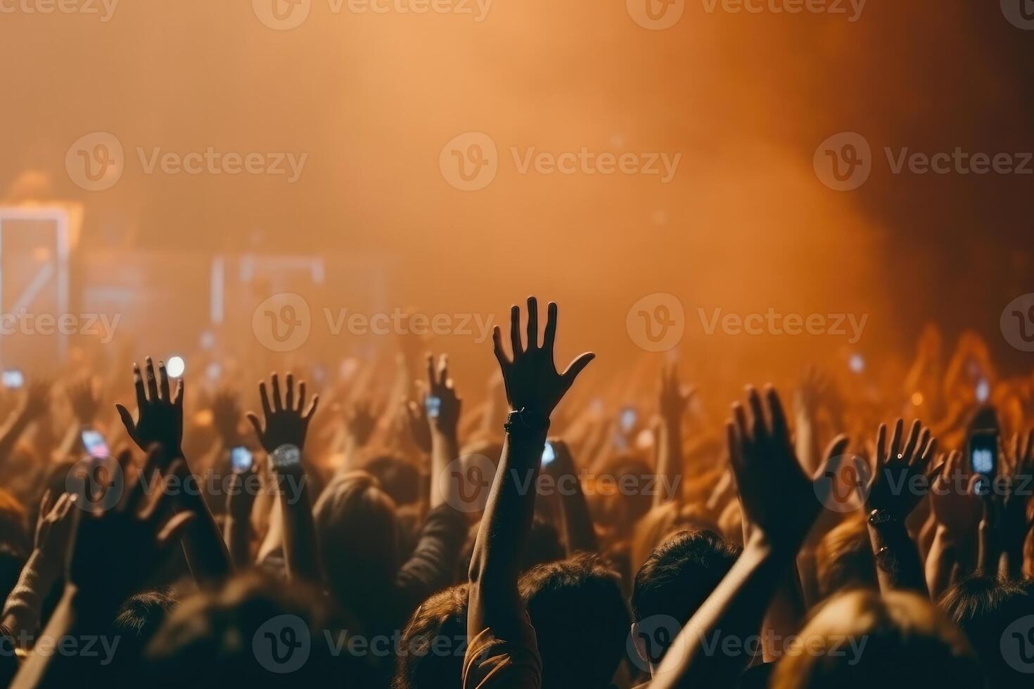fläktar vinka händer i en konsert på natt Foto. generativ ai foto