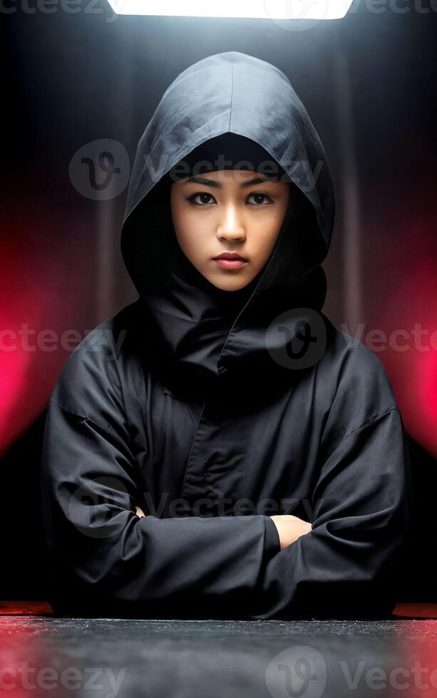 kvinna i svart ninja kostym på mörk rum, generativ ai foto