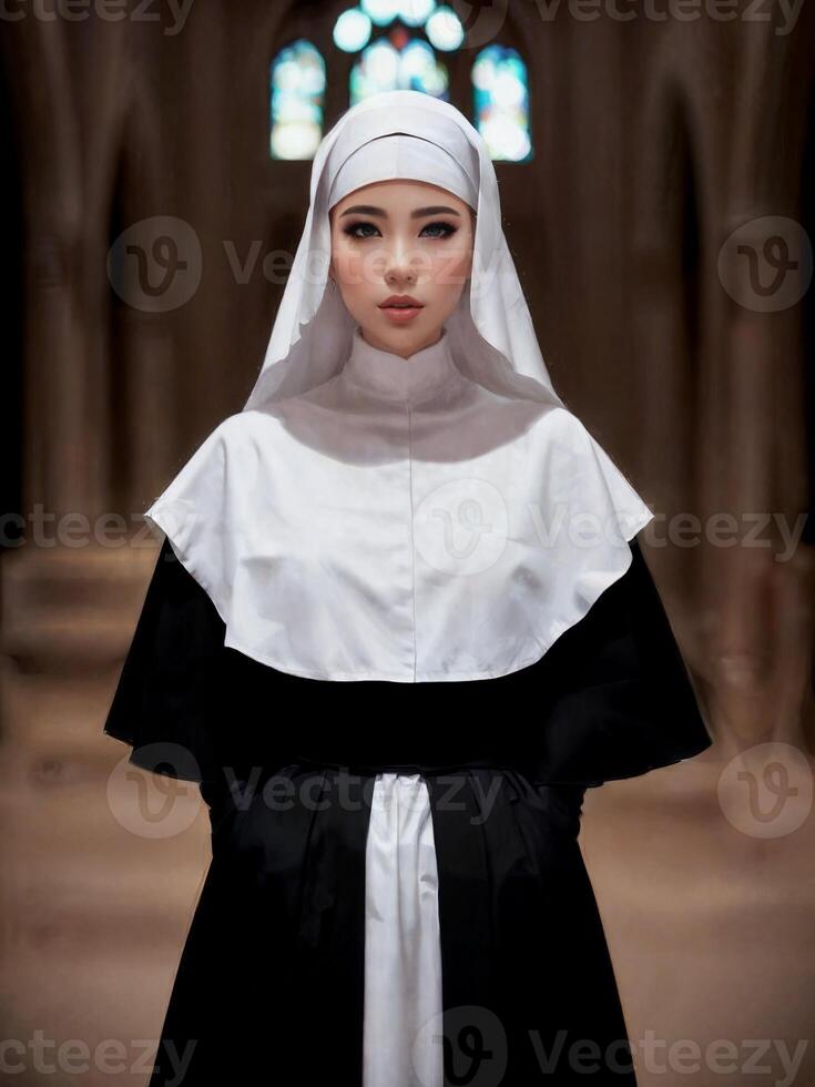 skön nunna kvinna på kyrka, generativ ai foto