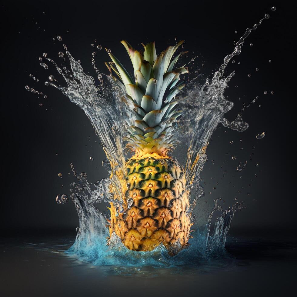 färsk ananas frukt med vatten stänk på illustration bakgrund ai genererad foto