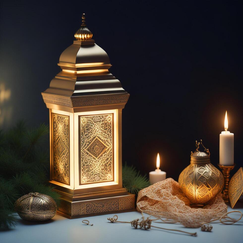 eid al-adha kunglig marockansk lampa gyllene 3d bakgrund Foto ai genererad