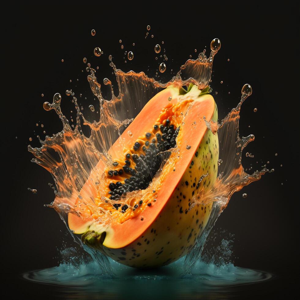 papaya färsk frukt med vatten stänk på vit bakgrund ai genererad foto