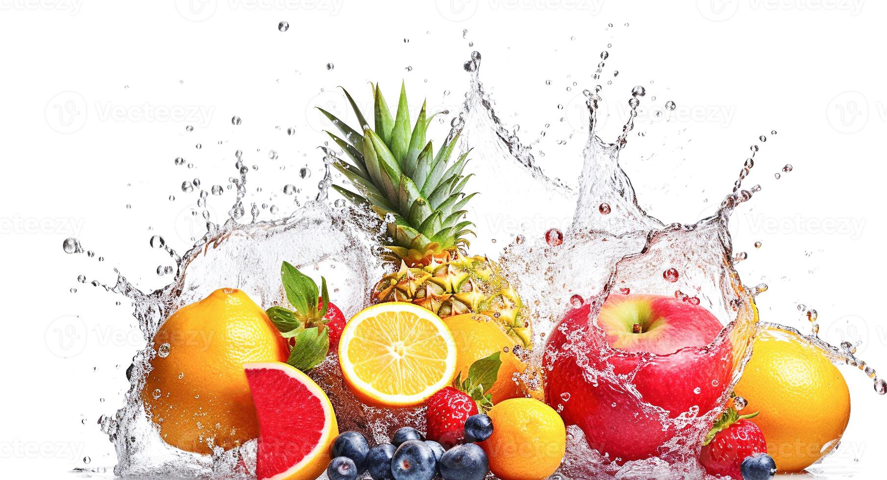 ai generativ. tropisk färsk citrus- frukt och stänk vatten på vit foto