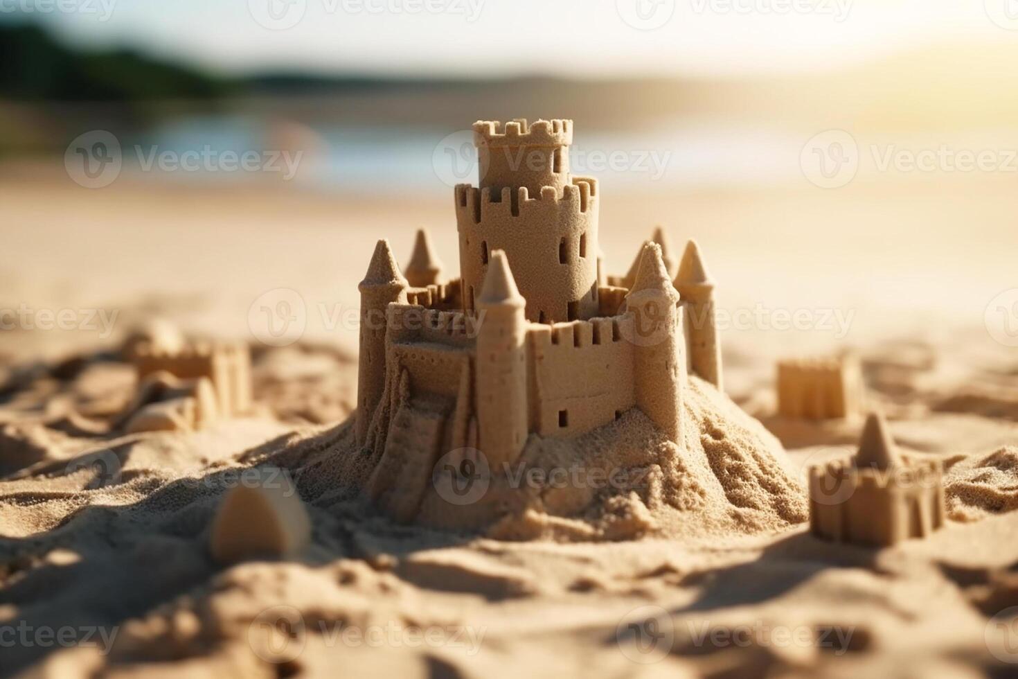 skön barn sand slott på de strand. generativ ai foto
