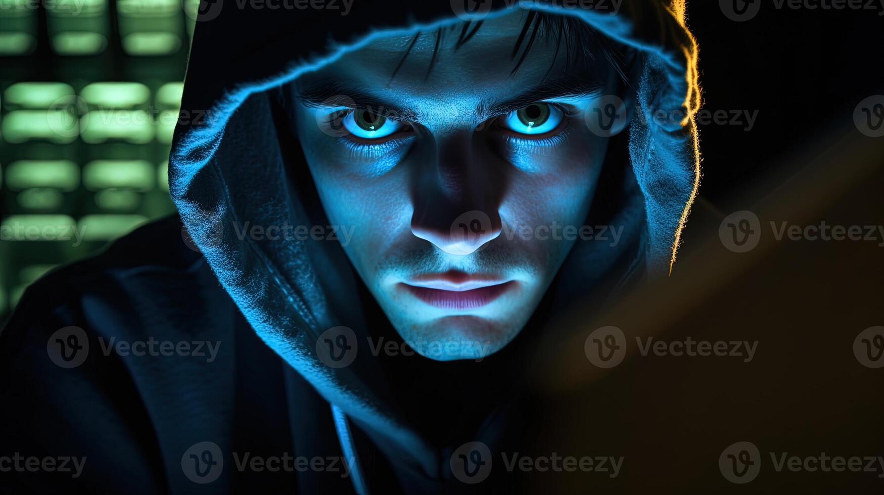 närbild porträtt av ung man bär luvtröja jacka, mörk bakgrund. generativ ai. foto